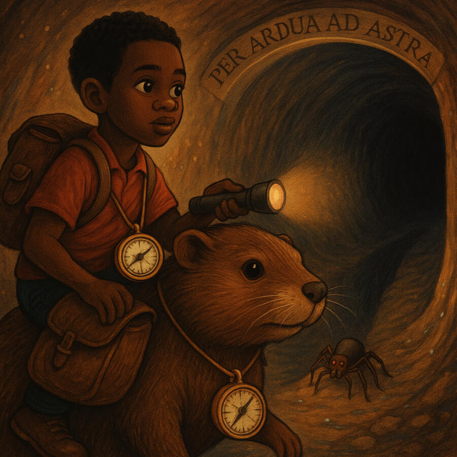 Abe, George, and BOJOBO Begin Their Journey into the Unknown A determined young African boy named Abe rides a large gopher named George as they enter a dark tunnel, lit only by Abe’s flashlight. Both wear compass medallions around their necks. A spider with glowing red eyes, named BOJOBO, leads the way along the tun