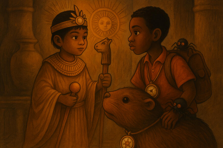 Abe Meets Inti, the Inca Boy King of the Lost City of Gold A young African boy named Abe stands inside a golden palace facing Inti, a regal Inca boy king dressed in ornate robes and a sun-themed crown. Abe holds a llama-topped staff and wears a medallion, while his companions—a large gopher and a small black spide